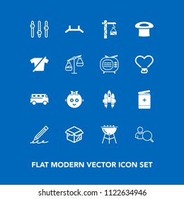 Modern, simple vector icon set on blue background with bbq, web, up, hand, pencil, hat, account, transport, pen, barbecue, cute, package, computer, hammer, road, education, new, construction icons