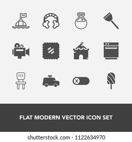 Modern, simple vector icon set with castle, safety, equipment, building, deactivate, interior, food, gas, buoy, dessert, post, camera, appliance, medieval, video, postage, child, summer, play icons