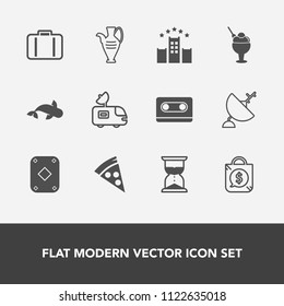 Modern, simple vector icon set with pottery, play, airport, vase, audio, music, hourglass, hour, travel, poker, bed, sweet, white, vacation, antenna, television, seafood, bag, dish, hotel, jug icons