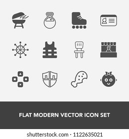 Modern, simple vector icon set with helm, play, baby, fun, jacket, grill, life, kid, wheel, tool, computer, childhood, laboratory, chicken, cute, rudder, bbq, equipment, skate, security, fast icons