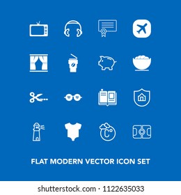 Modern, simple vector icon set on blue background with pitch, sport, clothes, sound, baby, audio, protect, child, style, light, water, temperature, thermometer, tv, music, hippie, stadium, ocean icons
