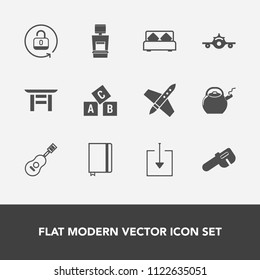 Modern, simple vector icon set with repair, unlock, sign, alphabet, bed, education, japanese, plane, download, guitar, travel, musical, protection, sound, spaceship, hammer, scan, departure, abc icons