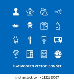 Modern, simple vector icon set on blue background with interior, cabinet, profile, medicine, bikini, fashion, finance, sweet, paint, summer, home, woman, building, dessert, oven, user, business icons
