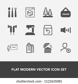 Modern, simple vector icon set with audio, shop, delete, real, dinner, account, sewing, user, landscape, online, nature, sound, coffee, chef, equipment, order, banner, environment, store, box icons