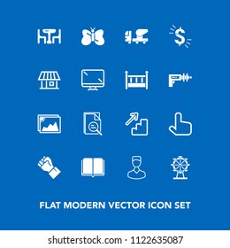 Modern, Simple Vector Icon Set On Blue Background With Human, Upstairs, Library, Wheel, Finger, Cement, Zoom, Dinner, White, Picture, Butterfly, Photo, Hand, Park, Eye, Downstairs, Up, Image Icons