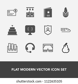Modern, simple vector icon set with food, sweet, sound, audio, computer, protection, railway, transport, music, fresh, credit, template, equipment, sign, card, laboratory, pie, pear, balance icons