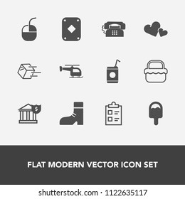 Modern, simple vector icon set with white, phone, mouse, love, food, technology, flight, ice cream, check, transport, game, banking, internet, heart, fashion, list, beverage, transportation, tick icons