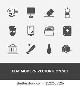 Modern, simple vector icon set with computer, office, street, league, cleaner, file, female, pc, erase, business, sign, poker, baseball, road, retro, ball, eraser, electric, white, sport, fan icons