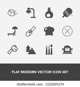 Modern, simple vector icon set with tree, chef, knife, olive, home, cream, sweet, umbrella, helmet, tool, sunbed, spoon, food, fork, hammer, restaurant, equipment, transportation, mediterranean icons
