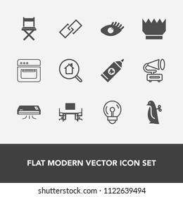 Modern, simple vector icon set with desk, link, cooking, clean, conditioner, office, equipment, brush, baby, beautiful, penguin, home, electric, online, animal, children, light, beauty, energy icons