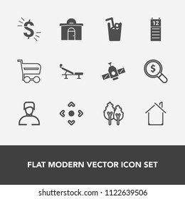 Modern, simple vector icon set with cart, man, usd, male, forest, landscape, tree, seat, technology, environment, business, drink, arrow, buy, internet, space, calendar, fitness, orbit, money icons