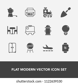 Modern, simple vector icon set with tea, transport, printer, travel, locomotive, shovel, hot, meat, table, smart, baggage, fire, gadget, technology, teapot, watch, cabinet, cooking, airport, bag icons