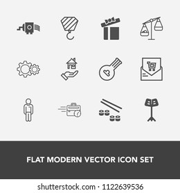 Modern, simple vector icon set with folk, string, celebration, sushi, music, present, fish, box, list, holiday, office, seafood, weight, building, house, man, male, scale, musical, instrument icons
