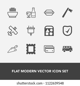 Modern, simple vector icon set with dinner, technology, border, red, glass, security, road, flight, banking, food, plastic, aircraft, electricity, shovel, construction, electric, toy, transport icons