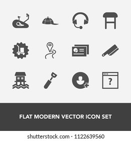 Modern, simple vector icon set with bicycle, page, add, hat, document, music, kitchen, bike, package, equipment, fashion, map, interior, cap, cutlery, business, audio, web, chart, chair, boat icons