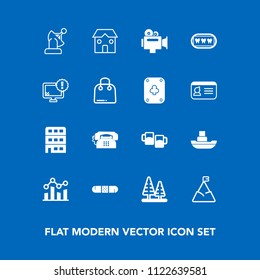 Modern, simple vector icon set on blue background with boat, trend, nature, film, tree, sky, alcohol, building, finance, white, environment, beer, blue, bar, pub, ship, architecture, landscape icons