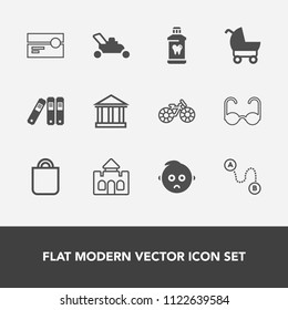 Modern, simple vector icon set with gift, cassette, travel, bicycle, present, sky, sad, celebration, castle, tape, greece, file, map, medieval, baby, grass, child, tower, bag, greek, equipment icons
