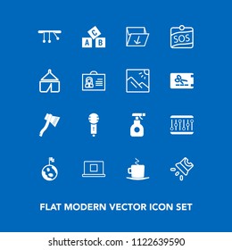 Modern, simple vector icon set on blue background with internet, education, cappuccino, sign, video, drink, axe, spray, web, equipment, tool, screen, cafe, planet, trash, coffee, karaoke, tent icons