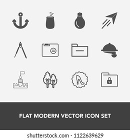 Modern, simple vector icon set with document, file, tower, bulb, waiter, castle, music, landscape, musical, plane, food, restaurant, paper, light, office, power, service, marine, nature, blank icons