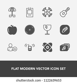 Modern, simple vector icon set with crash, profile, technology, food, window, space, clip, badge, disk, shattered, aerial, fresh, status, phone, astronomy, social, cosmos, ringing, universe, sun icons