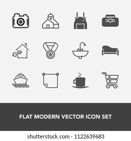 Modern, simple vector icon set with photography, key, office, building, chef, bathroom, award, home, interior, reward, message, ocean, photo, water, stick, success, yacht, camera, coffee, apron icons