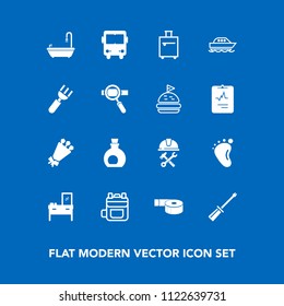 Modern, simple vector icon set on blue background with furniture, interior, trip, leather, blossom, bag, oil, helmet, transportation, food, bus, repair, transport, foreman, flower, screwdriver icons