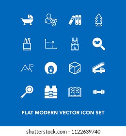 Modern, simple vector icon set on blue background with jacket, stroller, utensil, kitchen, file, transport, white, cooking, clothing, vest, packaging, pram, equipment, safety, pan, nature, truck icons