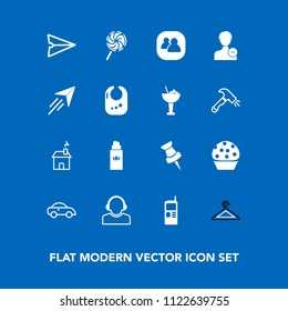 Modern, simple vector icon set on blue background with business, sign, car, transport, hanger, estate, beauty, vintage, center, group, home, sweet, mobile, perfume, shop, doughnut, bottle, phone icons