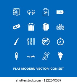Modern, simple vector icon set on blue background with sweet, conditioner, ice, power, retail, temperature, travel, banking, canoe, buy, delivery, north, security, game, compass, equality, sign icons