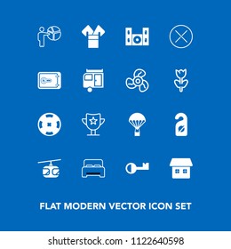 Modern, simple vector icon set on blue background with close, blue, costume, double, cinema, meeting, award, key, presentation, parachute, extreme, business, safe, reward, asia, people, motel icons
