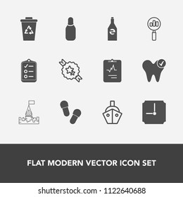 Modern, simple vector icon set with beverage, checklist, tower, bottle, garbage, building, cardiology, find, footwear, time, cone, white, sea, recycle, waste, check, heart, health, ball, list icons