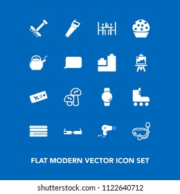 Modern, simple vector icon set on blue background with doughnut, technology, smart, sandwich, modern, dryer, cheeseburger, skate, hairdryer, flight, garden, nature, gadget, skating, white, food icons