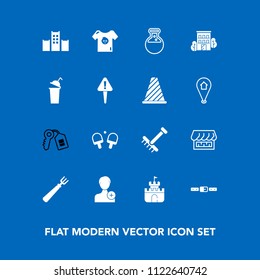 Modern, simple vector icon set on blue background with tennis, child, shop, white, technology, rake, house, plastic, belt, security, raking, curtain, clothes, kid, member, spoon, game, bed, add icons