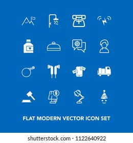 Modern, simple vector icon set on blue background with dental, bath, mouth, music, energy, bag, mobile, electricity, white, element, nuclear, falling, sun, call, judge, ecology, party, nature icons