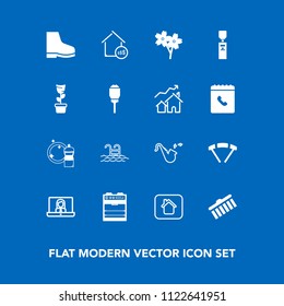 Modern, simple vector icon set on blue background with extreme, call, building, price, internet, home, oven, shape, equipment, parachute, brush, gallon, musical, blossom, footwear, trumpet, blue icons