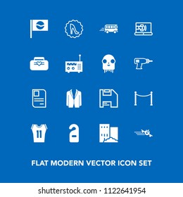 Modern, simple vector icon set on blue background with speed, airplane, hotel, motel, circle, estate, road, plane, japan, computer, fashion, elegance, travel, bus, label, privacy, fence, shirt icons