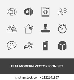 Modern, simple vector icon set with appliance, machine, housework, sign, money, pan, cooking, cell, brochure, time, message, book, cube, laundry, hand, technology, user, coin, window, house, add icons