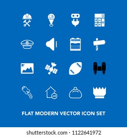 Modern, simple vector icon set on blue background with image, picture, bag, finance, estate, energy, king, frame, house, american, helmet, leather, accounting, real, industry, stadium, property icons