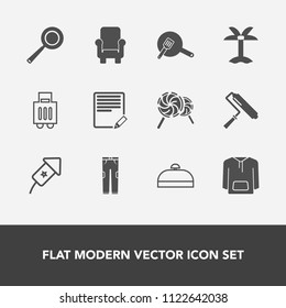 Modern, simple vector icon set with airport, edit, white, lollipop, background, suitcase, tool, trip, sign, cook, write, celebration, roll, baggage, leaf, travel, bag, document, luggage, kitchen icons