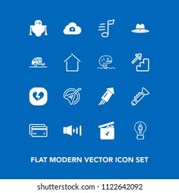Modern, simple vector icon set on blue background with sheriff, music, photo, speaker, robot, bear, plastic, event, texas, broken, technology, cloud, banking, play, bugle, futuristic, business icons