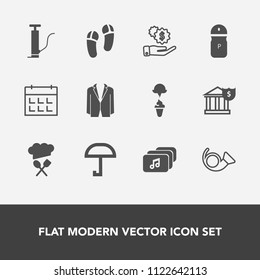 Modern, simple vector icon set with chief, salt, gasoline, music, seasoning, footwear, money, umbrella, station, sign, day, dollar, timetable, slipper, finance, spice, event, business, bank, oil icons