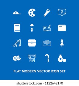 Modern, simple vector icon set on blue background with palette, art, education, sport, rocket, launch, japanese, computer, saw, sweet, headwear, reel, library, lollipop, mail, fashion, hat, cap icons