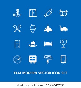 Modern, simple vector icon set on blue background with roll, hat, clothing, house, paper, life, cigarette, style, modern, knife, food, roller, glass, bill, seedling, window, finance, crash, tool icons