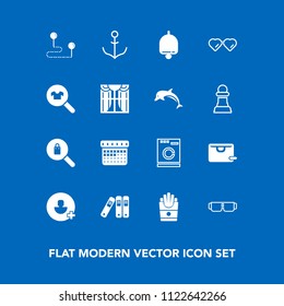 Modern, simple vector icon set on blue background with destination, account, call, ring, machine, map, office, schedule, french, sign, travel, , add, nautical, bell, sunglasses, clothing, female icons