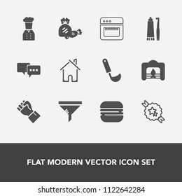 Modern, simple vector icon set with chief, dental, home, soup, talk, burger, fire, house, toothbrush, toothpaste, sweet, health, cooking, estate, bubble, oven, fireplace, service, building, air icons