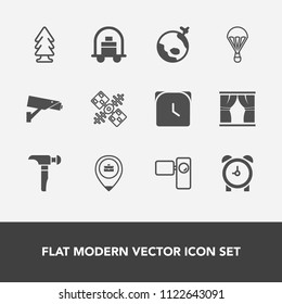 Modern, simple vector icon set with luggage, business, hammer, job, nature, tripod, satellite, technology, parachute, minute, plane, time, safety, clock, tree, bellboy, security, work, flight icons