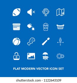 Modern, simple vector icon set on blue background with global, map, calendar, frame, kitchen, ice, volume, fast, food, snack, stadium, protection, unlock, time, lock, vehicle, road, football icons