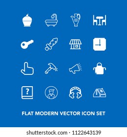 Modern, simple vector icon set on blue background with graphic, decoration, loudspeaker, man, kitchen, shovel, paper, construction, sound, interior, male, pinafore, white, home, pie, old, apron icons