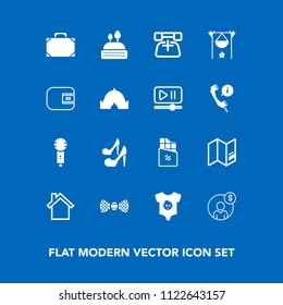 Modern, simple vector icon set on blue background with account, food, travel, female, finance, telephone, chocolate, high, child, bow, song, sweet, girl, home, dessert, doughnut, microphone, bar icons