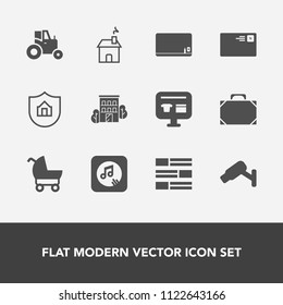 Modern, simple vector icon set with sound, protection, internet, protect, house, real, security, stroller, sale, building, music, child, tractor, agriculture, baby, news, estate, field, cart icons